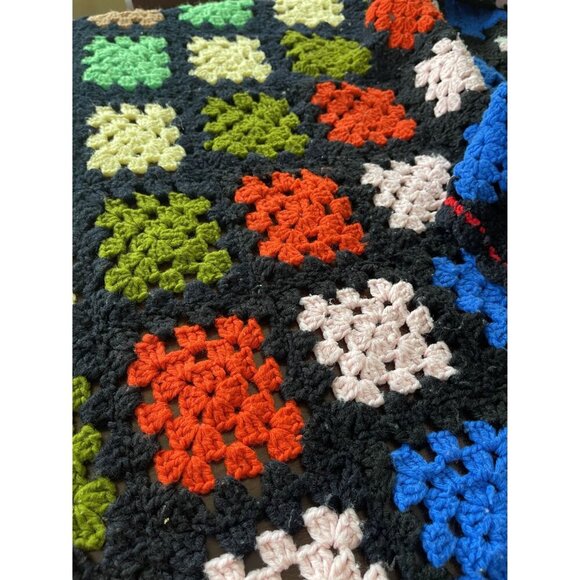 Vintage Granny Square Afghan Handmade Knitted Throw Lap Blanket - Picture 10 of 12